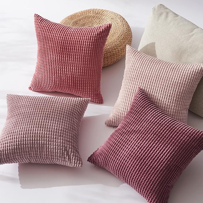 Topfinel Aesthetic Pink Room Decor Throw Pillows Covers for Couch Living Room Bedroom, Coquette Room Decorative Fluffy Corduroy Cushion Cover 18x18 Inch Set of 4 (Blush/Rose/Hot Pink)