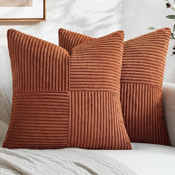 MIULEE Fall Rust Boho Decorative Throw Pillow Covers for Couch 18x18 Inch | 2 Pack, Boho Farmhouse Pillow Covers, Soft Cross Corduroy Patchwork Textured Cushion Cases For Bed Sofa
