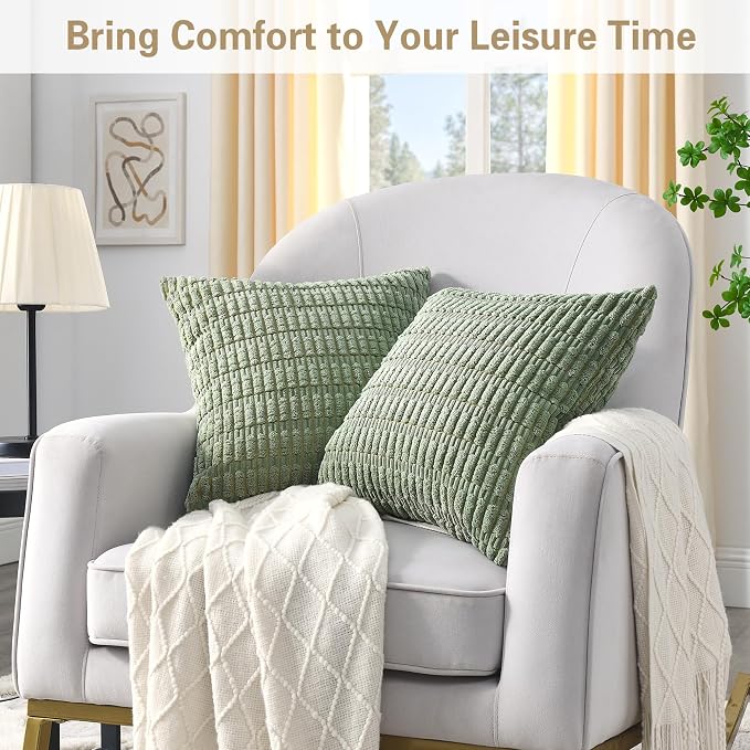 Volcanics Pack of 2 Sage Green Decorative Throw Pillow Covers 22x22 Inch | Soft Corduroy Striped Square Cushion Cases, Modern Farmhouse Boho Home Decor for Spring Couch Bed Sofa Living Room