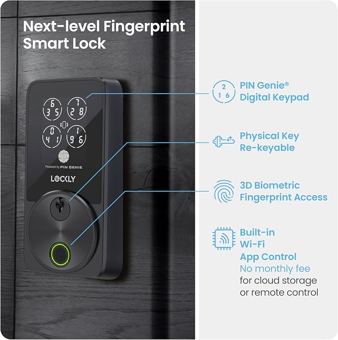 Lockly Secure Pro Smart Door Lock,Fingerprint Keyless Entry Door Lock,Apple Home Key Compatible,Auto Lock, App Remote Control,IP65 Waterproof,Easy Installation
