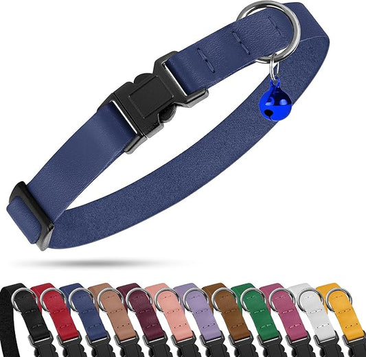 Breakaway Cat Collar with Bell - Leather Adjustable Kitten Collars with Safety Quick Release Buckle - Soft Small Pet Collars for Girl & Boy Cats (Deep Blue)