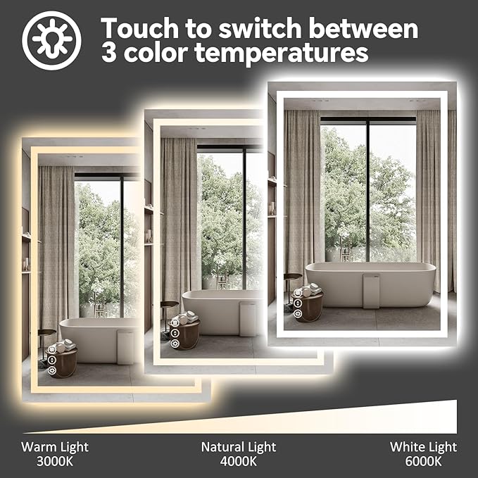 LED Bathroom Mirror 24x36 Inch Anti-Fog Bathroom Mirror with Lights, Wall Mounted Lighted Vanity Mirrors, Dimmable, Backlit + Front Lit, Smart Bathroom Vanity Mirror with 3 Colors Temperature