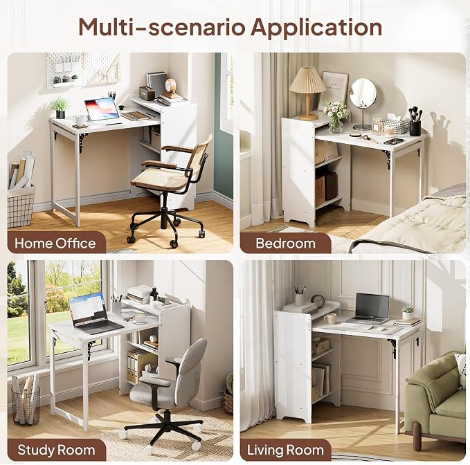 Bamboo Folding Desk with Storage, Foldable Desk for Small Spaces, White | Space-Saving Computer Desk with Storage, Compact Size, Writing Study Table for Home Office, Bedroom, Dorm, Apartment