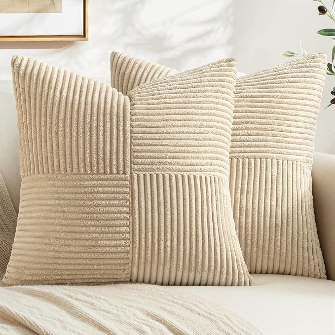 MIULEE Natural Beige Decorative Throw Pillow Covers for Couch 20x20 Inch | 2 Pack, Boho Farmhouse Pillow Covers, Soft Cross Corduroy Patchwork Textured Cushion Cases For Bed Sofa