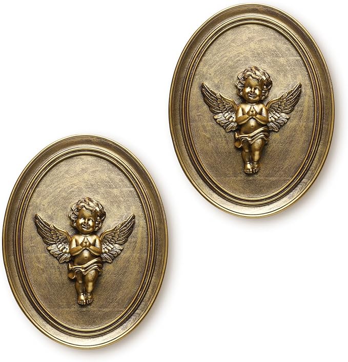 Newinhome Vintage Cherub Wall Sculptures Set of 2 Antique Wall Decor Oval Aesthetic Room Decor Vintage Decoration for Living Room Hallway and Bedroom (Gold Cherubs)