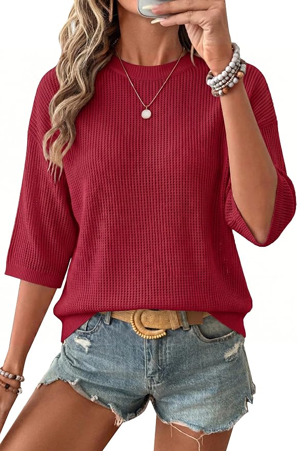 Arach&Cloz Womens Summer 100% Cotton Oversized Crochet Tops 3/4 Length Sleeve Sweater Hollow Out Casual Blouses 2026