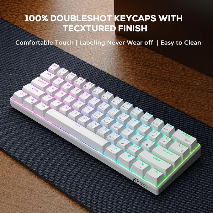 RK ROYAL KLUDGE RK61 Wireless Mechanical Keyboard, 60% Percent RGB, White | Hot Swappable Gaming Keyboard with Bluetooth/2.4G/USB, 61 Keys Ultra-Compact for Win/Mac/PC, Coiled Cable, Linear Red Switch