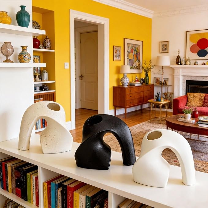 Nordic Style Ceramic Vase Set, Luxury Artistic Flower Arrangement for TV Cabinet and Entryway, Modern Minimalist Home Decor Accents(Type A Black)