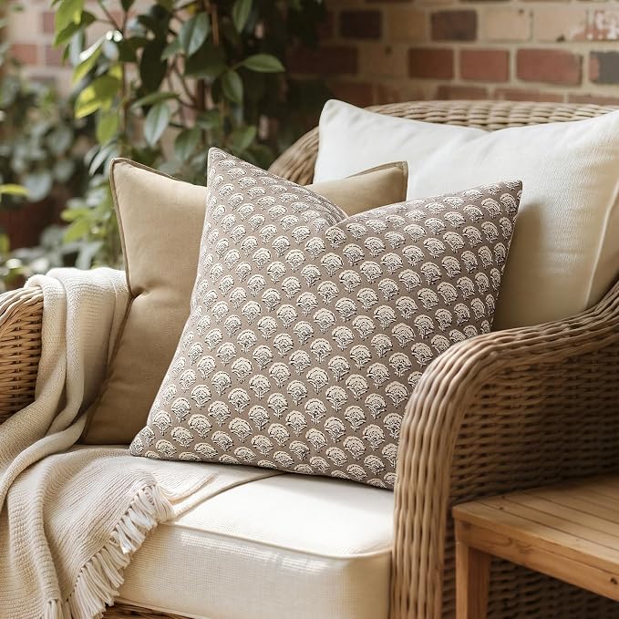 MIULEE Floral Print Decorative Euro Pillow Covers 26x26, Light Taupe | Vintage Boho Farmhouse Modern Home Decor, Set of 2, Block Print Cushion Covers for Couch Sofa Bed Living Room