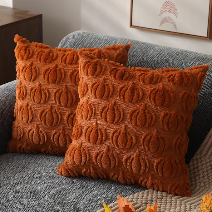 DFXSZ Fall Pillow Covers 18x18 2Pcs Rust Pumpkin Fall Decorations for Home | Fall decor Set of 2 Throw Pillow Cases Soft Plush Faux Fur Wool Couch Cushion for Chair Sofa Bedroom Living Room Home Decor