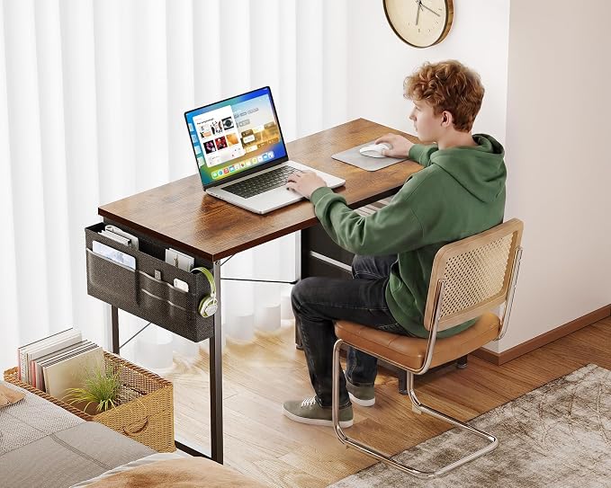 AODK 40 Inch Small Computer Desk with Fabric Drawers, Vintage | Mini Desk with Storage Shelf & Bag, Kids Study Desk for Bedroom, Home Office Desk for Small Space