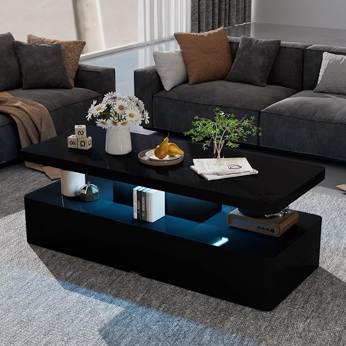 oneinmil Modern LED Coffee Table, 40" Living Room Tables with 16 Colors LED Lights, Double-Layer Design, Stylish Coffee Tables for Living Room, Black