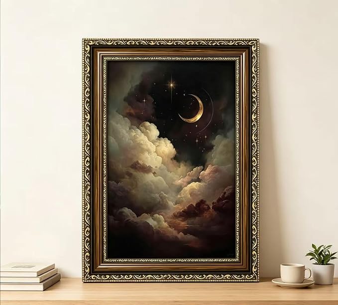 Vintage Gold Framed Crescent Moon Cloud Wall Art, Dark Academia Celestial Starry Sky Oil Painting Print, Antique Ornate Mystical Night Sky Wall Decor, Gothic Cottagecore Home Decor, 9x11in