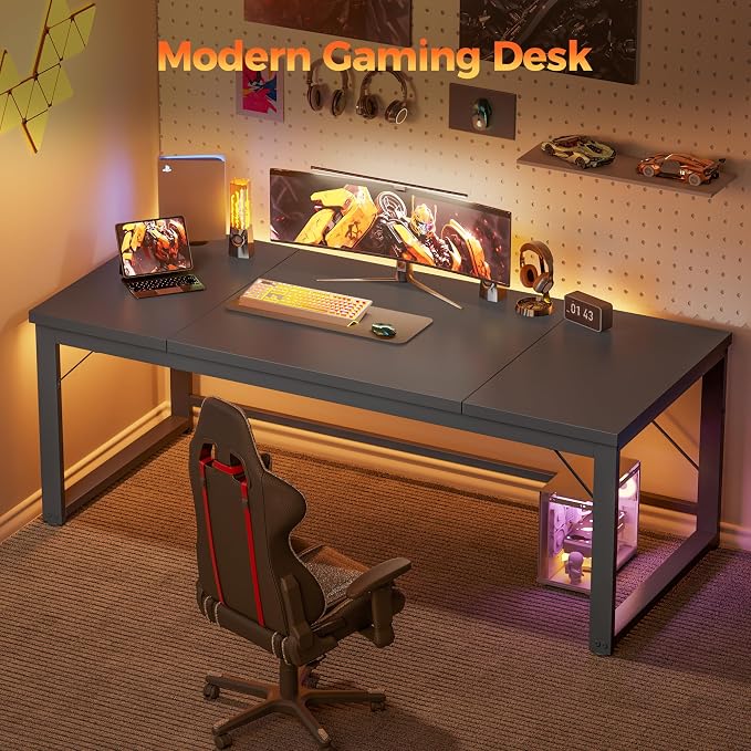 Mericonia 63x28 Inch Computer Desk, 1" Thick Large Office Table, Black | Modern Simple Style, Heavy Duty Industrial Frame, Large Study & Writing Table for Home Bedroom Work