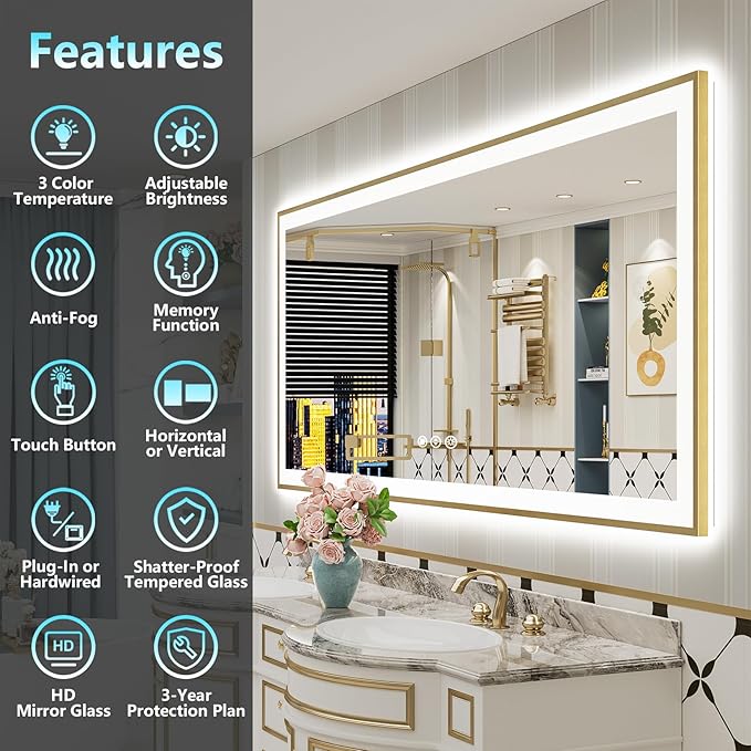 88x38 Gold LED Bathroom Mirror with Lights, Brushed Gold Framed Backlit and Front Lit Anti-Fog Lighted Vanity Mirrors for Bathroom Wall, Dimmable, 3 Colors, Memory, HD Tempered Glass, CRI＞90