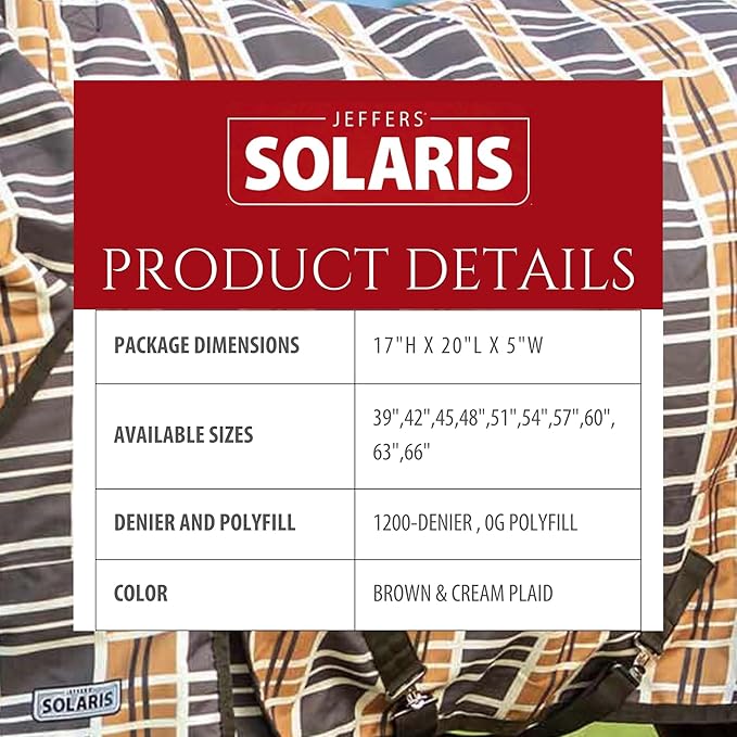 Jeffers Pony Poppins Solaris 1200 Denier Turnout Blanket Brown & Cream Plaid 48" - Waterproof, Breathable Horse Blanket with 0 gram Polyfill, No Insulation, Ideal Protection for Wind & Rain,