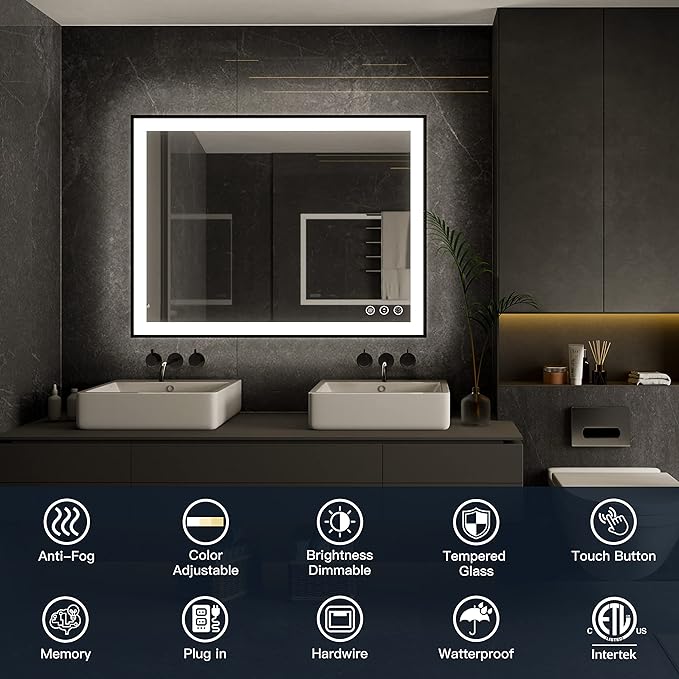 ISKM Framed LED Mirror for Bathroom 36"x28", Dimmable LED Bathroom Mirror with Lights, Anti-Fog, Front and Backlit Lighted Mirror 3-Colors, Shatterproof, Memory Function