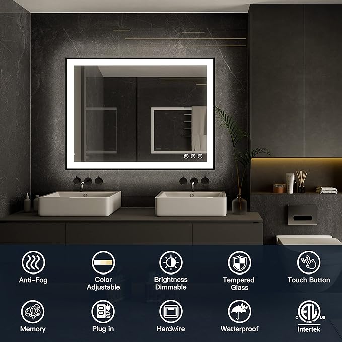 ISKM Framed LED Mirror for Bathroom 77"x36", Dimmable LED Bathroom Mirror with Lights, Anti-Fog, Front and Backlit Lighted Mirror 3-Colors, Shatterproof, Memory Function