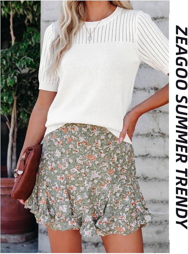 Zeagoo Women's Short Sleeve Sweater Tops 2026 Spring Summer Crew Neck Hollow Out Blouses Dressy Business Casual Outfits