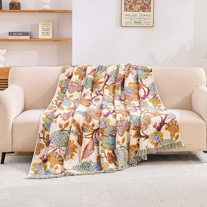 XIBLC Boho Throw Blanket for Bed, 100% Cotton Soft Rustic Quilt Fall Blanket, 60"x80" Floral Printed Farmhouse Decor Bed Blankets, All Season Rustic Reversible Bohemian Throw Quilt