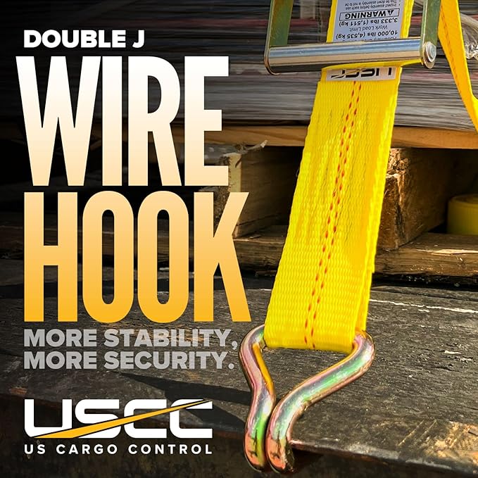 US Cargo Control Wire Hook Ratchet Straps 2 Inch x 12 Foot (2-Pack), 10,000 LBS Break Strength, Yellow 2 Inch Ratchet Straps Heavy Duty with J Hooks, Heavy Duty Tie Downs for Trailers and Trucks
