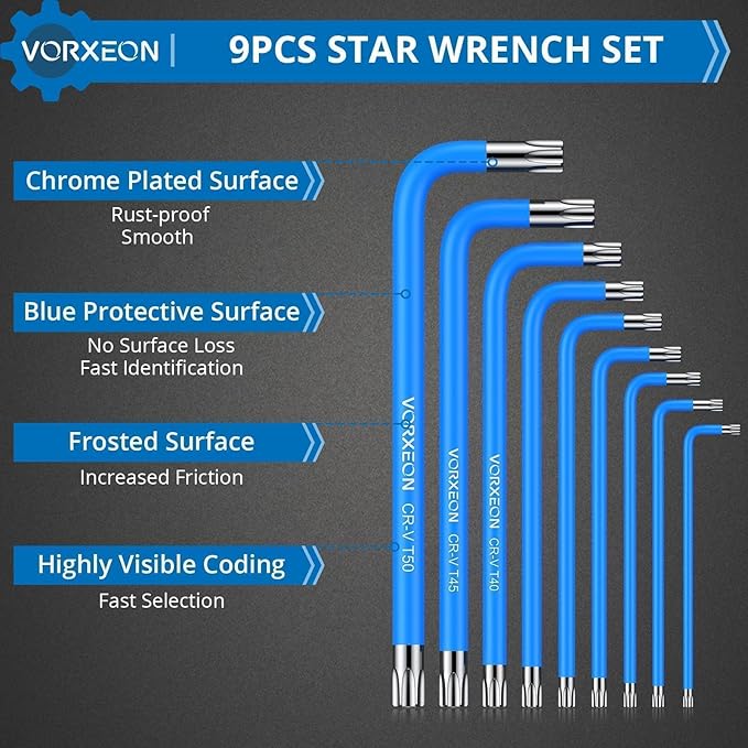 9PCS Star Wrench Key Set T10 to T50 Torx Wrenches Hex Keys With Visible Coding And Non-slip Coating, Long Arm Star Key With Hole for Auto Repair, Furniture Assembly, Household DIY