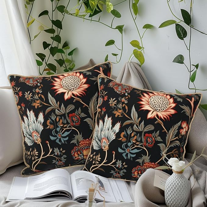 Vintage Red Orange Blue Floral Velvet Pillow Covers 16x16 Inch Retro Abstract Boho Flowers Throw Pillows For Couch Cushion Covers Pillowcase Bohemian Farmhouse Pillow Cases for Sofa Bed Bedroom