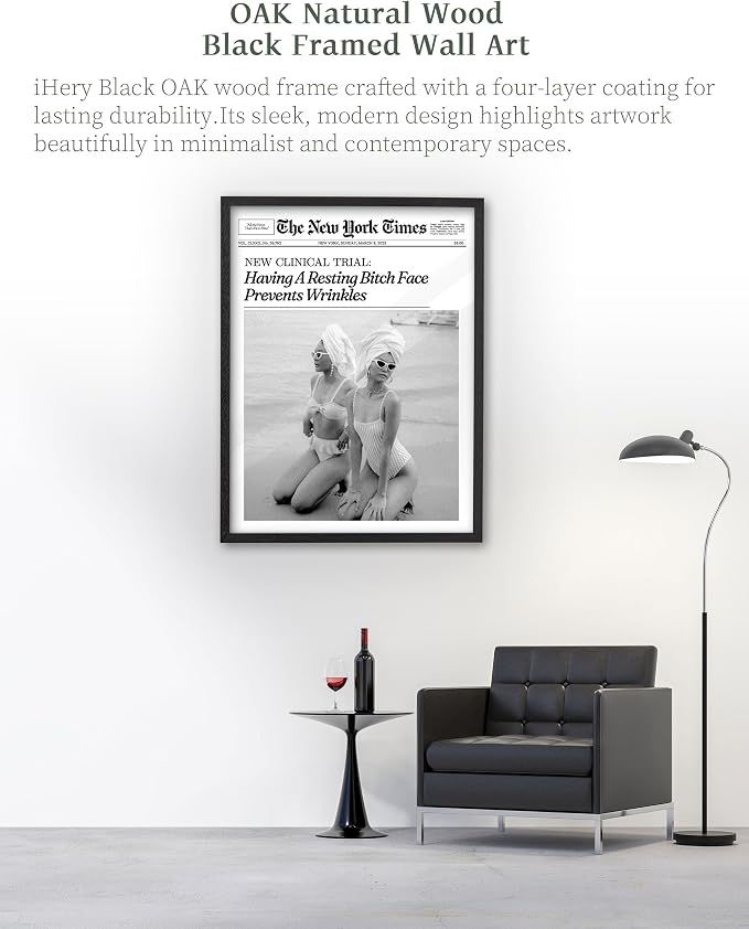 iHery 16x20in Funny Beach Girls Black Framed Newspaper Wall Art | Premium Black Natural OAK Wood Frame with Canvas Print, Retro Magazine Decor for Bathroom Bedroom Dorm, Living Room 1Pack