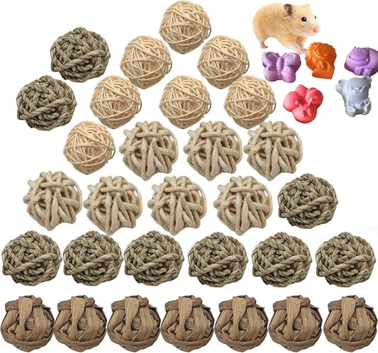 30PCS Rabbit Grass Balls 1.96in Guinea Pig Balls Small Animal Activity Enrichment Toy for Bunny Chinchilla Hamster Gerbil Grinding Playing