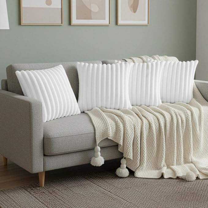 White Throw Pillow Covers 16 x 16 Set of 4, Cute Boho Throw Pillow Cover for Couch/Bed, Decorative Pillows Covers for Sofa/Bed, Accent Pillow Covers for Living Room, Rustic/Home/Room Decor