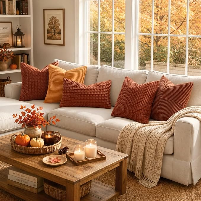 MIULEE Lumbar Fall Decorative Throw Pillow Covers 12x20 Rust Corduroy | Terracotta Textured Striped Pack of 2 Striped Pillow Covers Modern Farmhouse Autumn Home Decor for Couch Bed Sofa Living Room
