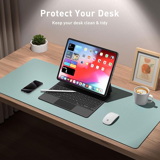 Aothia Leather Desk Pad Protector, Mouse Pad,Office Desk Mat, Non-Slip PU Leather Desk Blotter, Laptop Desk Pad, Waterproof Desk Writing Pad for Office and Home (36" x 17", Light Blue)