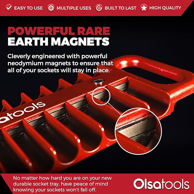 Olsa Tools Magnetic Portable Socket Organizer Tray - 1/4-Inch Drive - Red Holder for Deep & Shallow Sockets - Fits up to 5/8" SAE or 14mm Metric - Quality Tool Organizer for Professionals - Part 1075