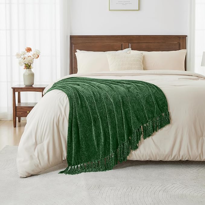 CozeCube Chenille Throw Blanket, Christmas Green Fringe Blanket, 60"X80" | For Couch, Cozy Plush Fuzzy Decorative Blanket with Fringe Tassels, Lightweight Throws for Bed Sofa Gift Home Decor
