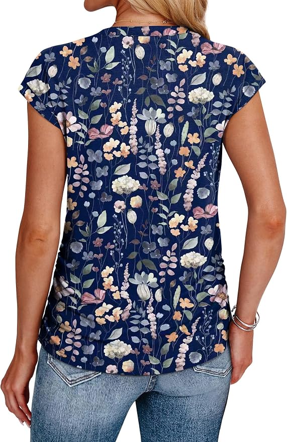 Sampeel Womens Summer Tops Trendy 2026 Ruched Cap Short Sleeve Tshirts Shirts Crew Neck T Shirts Fashion