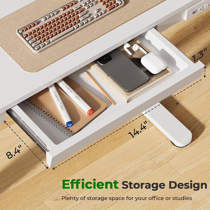 35" Electric Standing Desk with Drawer, 4 Lockable Wheels | Height Adjustable Quick Install One-Piece Tabletop with USB Charging Port, Small Sit to Stand up Desk for Home Office, White