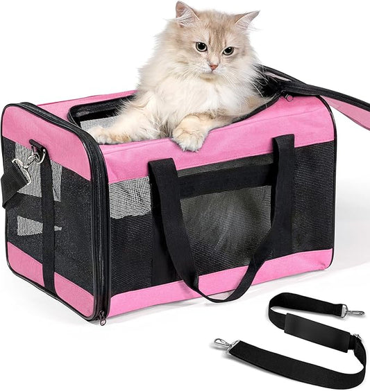 Cat Carrier Airline Approved, Soft-Sided Dog Carrier with Inner Safety Leash, Pet Transport Carrier for Small-Medium Cats Puppies up to 15 Lbs, Collapsible Travel Kitten Carrier Bag -Pink M