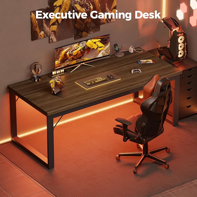 Mericonia 48 Inch Computer Desk with Power Outlets, 1.2" Thick Office Table | Modern Simple Style, Heavy Duty Industrial Frame, Small Study & Writing Table for Home Bedroom Work, Walnut