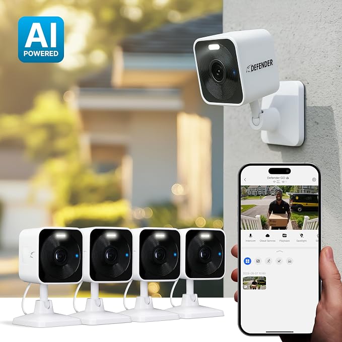 Defender GO 2K AI Powered WiFi Indoor/Outdoor Home, Business, Pet, Baby Security Camera, AI Detection, Dual Band, Spotlight/Siren, Color Night Vision, 2-Way Talk, Works with ClearVu App, 4 Pack