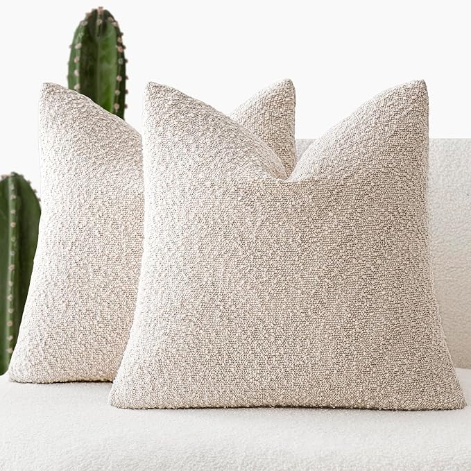 Foindtower Set of 2, Decorative Textured Boucle Throw Pillow Covers Accent Solid Pillow Cases Neutral Cozy Couch Cushion Case for Chair Sofa Bedroom Living Room Home Decor 24 x 24 Inch Ivory Beige