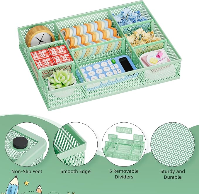Marbrasse 2 Pack Desk Drawer Organizer, Mesh Drawer Organizer Tray with 8 Adjustable Compartments, Desk Organizers and Accessories, 5 Dividers Drawer for Office Supplies, Makeup & Vanity (Green)