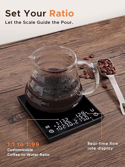 Metal Coffee Scale with Auto Timing, Rechargeable Espresso Scale with Timer, Ratios & Flow Rate Display, 3 Brew Modes, Barista-Grade for Pour-Over, Espresso, French Press – 2kg/0.1g, Black