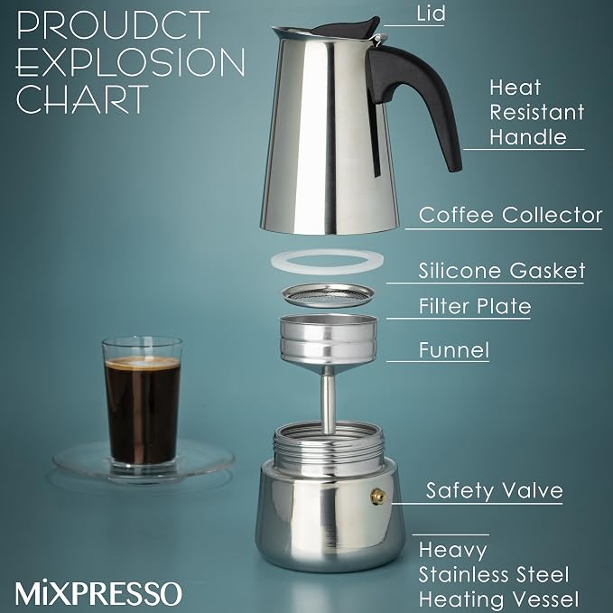 Mixpresso 6 Cup Greca Moka Pot, Stainless Steel Stovetop Espresso Maker | 300ml/10oz Italian stovetop coffee maker with classic percolator design, ideal for preparing coffee at home or while camping
