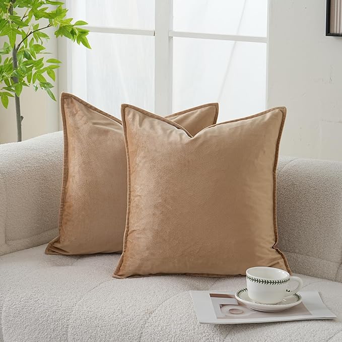 JIAHANNHA Velvet Khaki Throw Pillow Covers 22”x22”Pack of 2 Soft Decorative | Square Cushion Covers for Couch Sofa Bed Livingroom Car Home Decor,55x55Cm