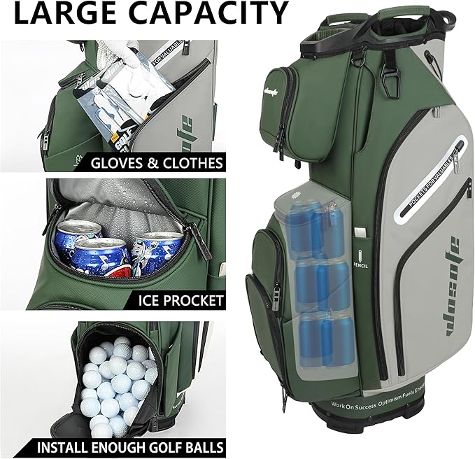 PU Leather Lightweight Men Women Blue White Black Green Golf Bag,Multiple 10 Pockets 14-Way Dividers Cooler Pouch Golf Cart Bag