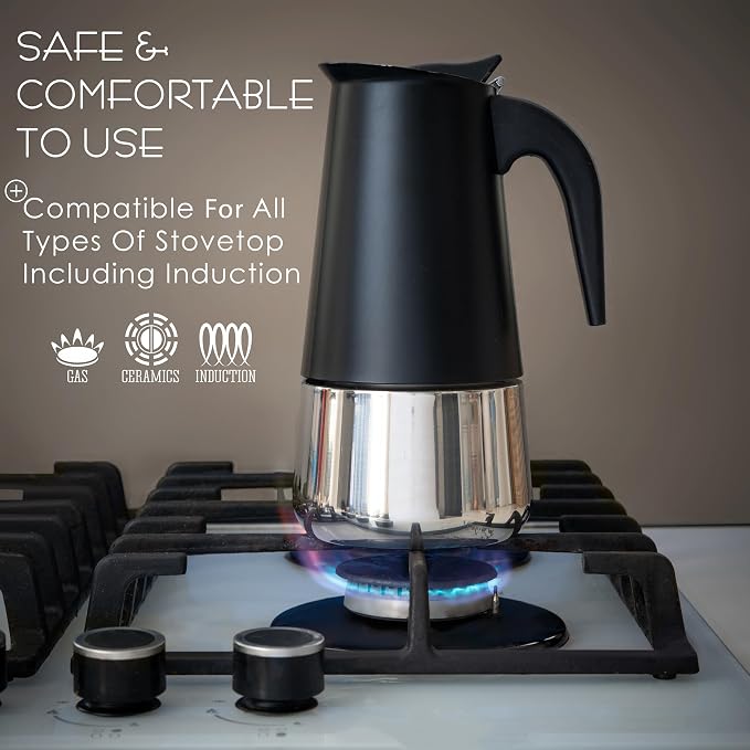 Mixpresso 9 Cup Greca Moka Pot, Stainless Steel Stovetop Espresso Maker | 450ml/15oz Italian stovetop coffee maker with classic percolator design, ideal for preparing coffee at home or while camping