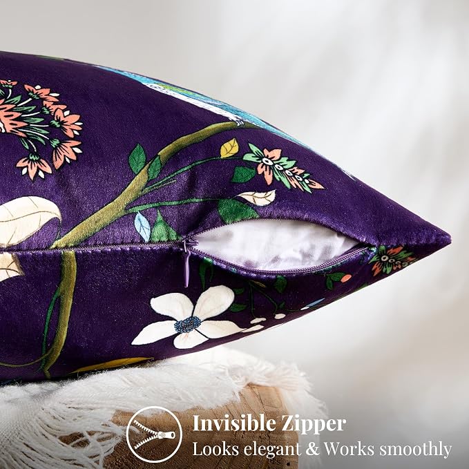MUSSEL Purple Floral Vintage Decorative Pillow Covers 18x18 Set of 2 | Soft Velvet,Wild Flower Plant,Throw Pillows Case,Square,Colorful Farmhouse Cushion Covers,Home Sofa Bed Couch Decor