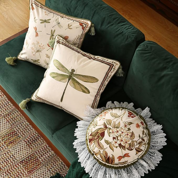 Designer French Velvet Throw Pillow Cover,18"x18" Set of 2-Grace C | Pillow Cover,Concealed Zipper Design,Dragonfly Pattern,Sofas,Bedroom,Living Room,Lounge Chairs,All Season Home Decor