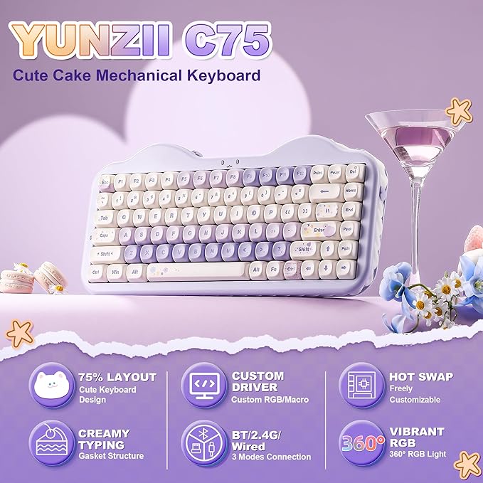 YUNZII C75 Cute 75% Wireless Mechanical Keyboard (Purple, Milk V2 Switch) | Creamy Cake Keyboard, BT5.0/2.4G/USB-C, Hot-Swap, NKRO, PBT MOA Keycaps,5500mAh RGB Gasket Mount for Mac/Win/Gaming/Office