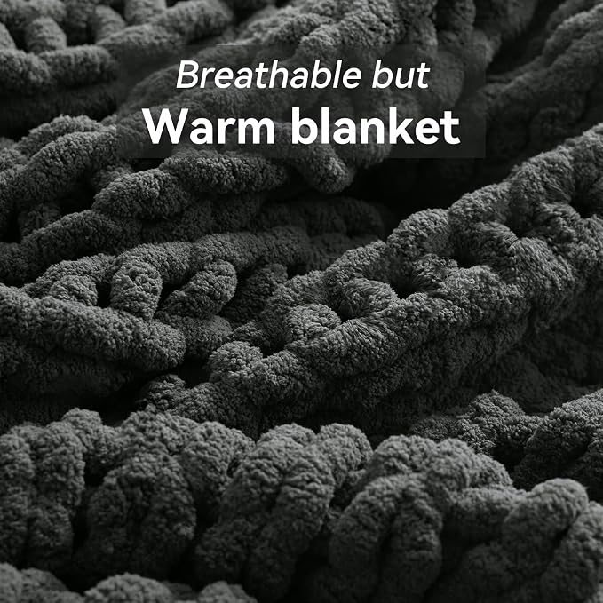 Negwoo Chunky Knit Throw Blanket, Knitted Throw Chenille Yarn, 60"*80" | Soft Thick Cable Knitted Blankets, Handmade Big Thick Blanket, Machine Washable Cute Comfy Blanket for Home Decor, Dark grey